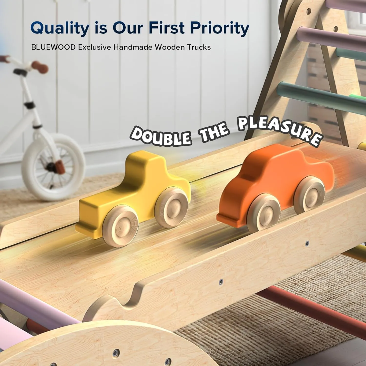 BlueWood Pikler Triangle Set 7in1 Foldable Baby Climbing Toys Wooden Montessori Climbing Set with Arch&Ramp&Ladder Baby Climber Indoor Jungle Gyms for Toddlers Montessori Toys - Sky Blue