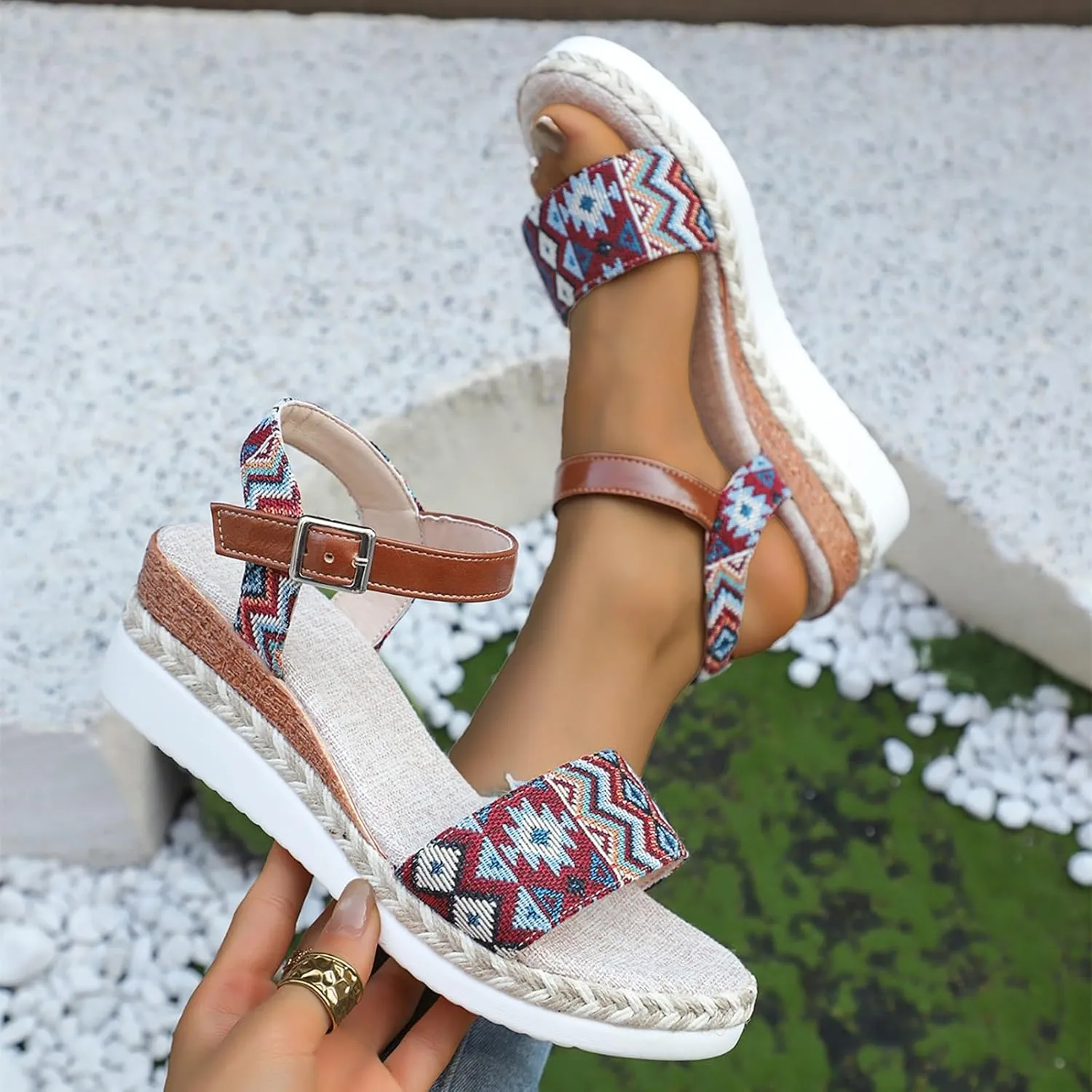 Bohemian Retro Ethnic Pattern Sandals For Women Fashion Wedge Heel Thick Sole Support Sandals for Women Dressy