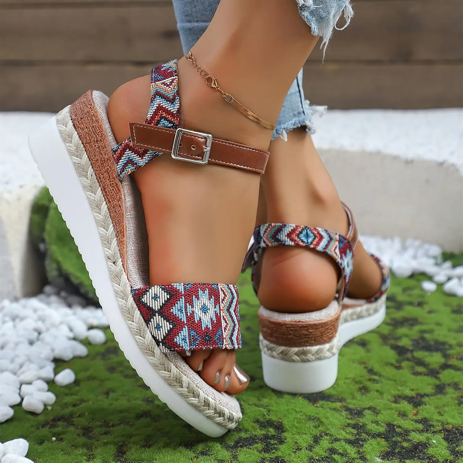 Bohemian Retro Ethnic Pattern Sandals For Women Fashion Wedge Heel Thick Sole Support Sandals for Women Dressy