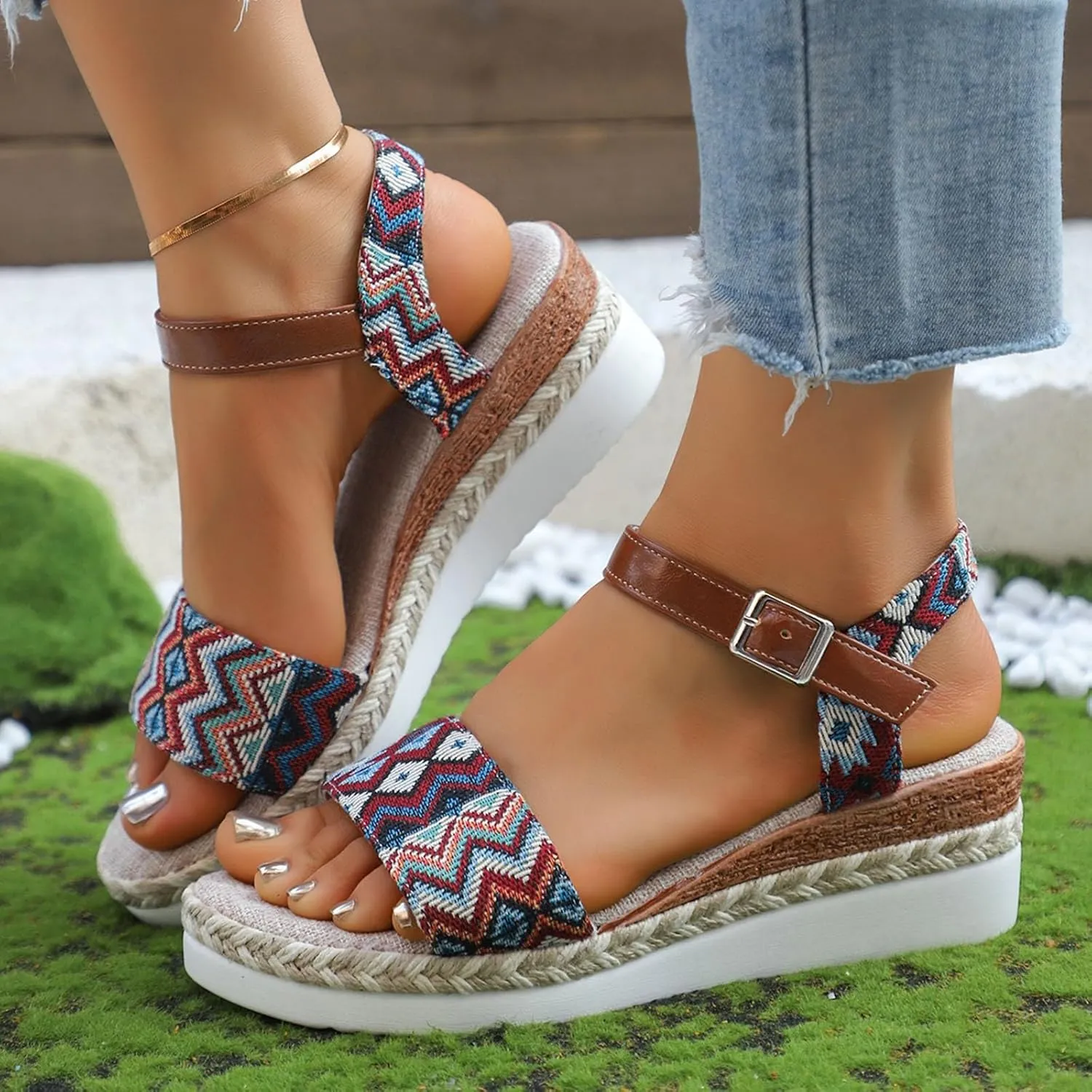 Bohemian Retro Ethnic Pattern Sandals For Women Fashion Wedge Heel Thick Sole Support Sandals for Women Dressy