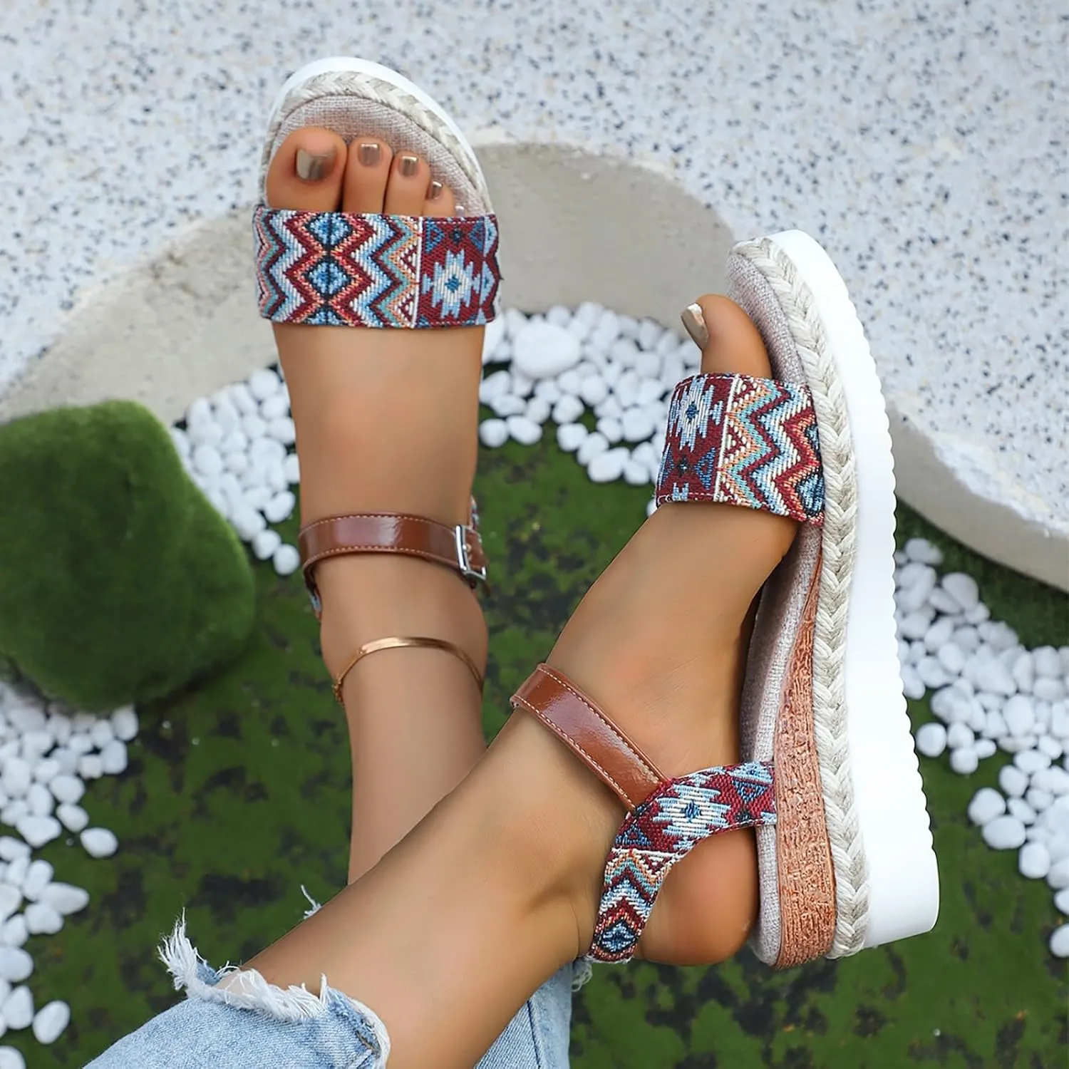 Bohemian Retro Ethnic Pattern Sandals For Women Fashion Wedge Heel Thick Sole Support Sandals for Women Dressy