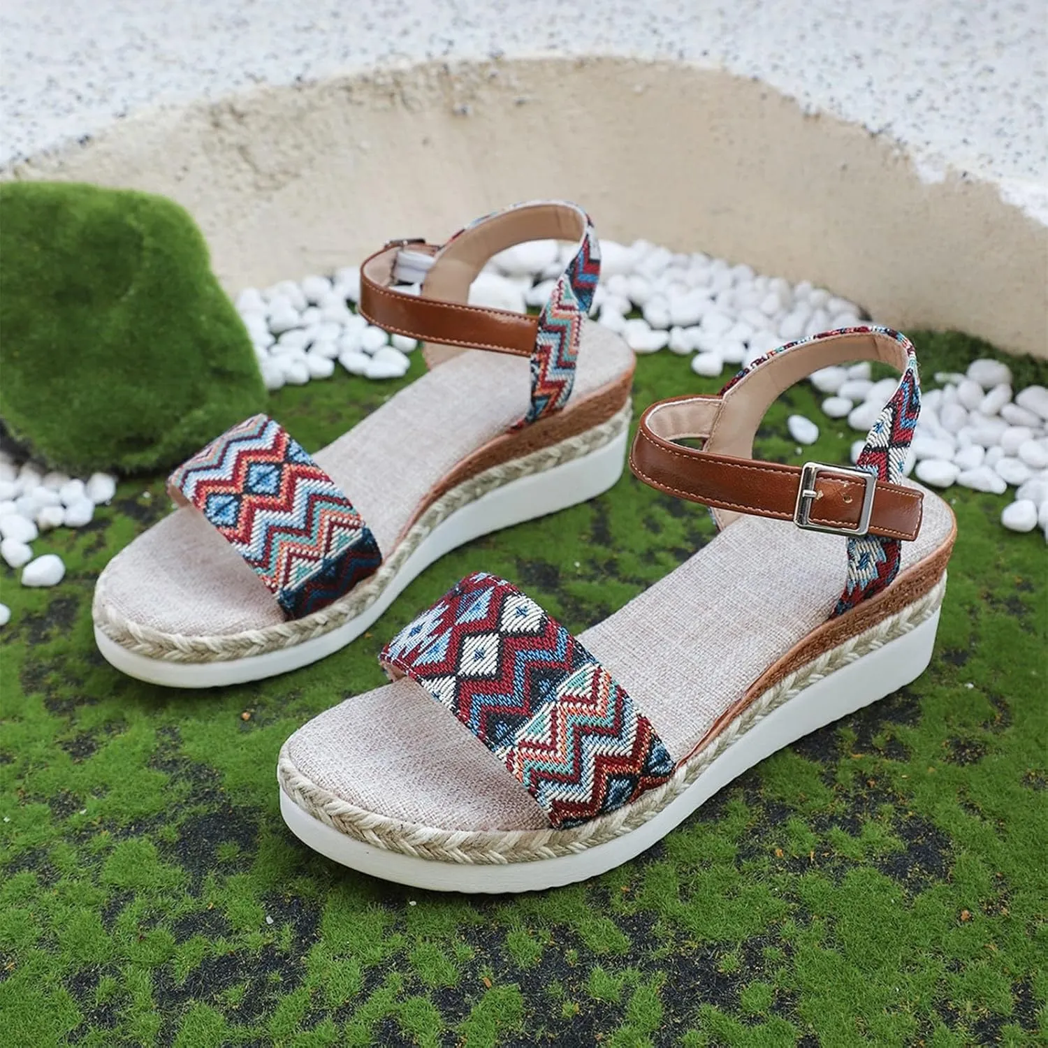 Bohemian Retro Ethnic Pattern Sandals For Women Fashion Wedge Heel Thick Sole Support Sandals for Women Dressy