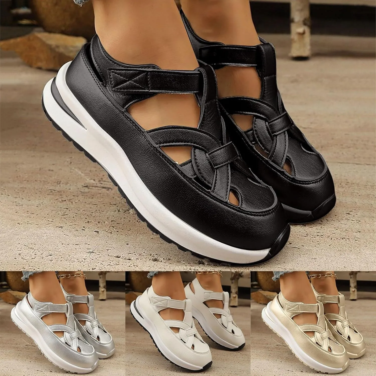Bootara Women'S Plus Size Hollow-Out Casual Sandals, Closed Toe Platform Sandals Height-Boosting Thick Sole Dressy Summer Comfortable Wedges Dress Sandal Best Walking Shoes