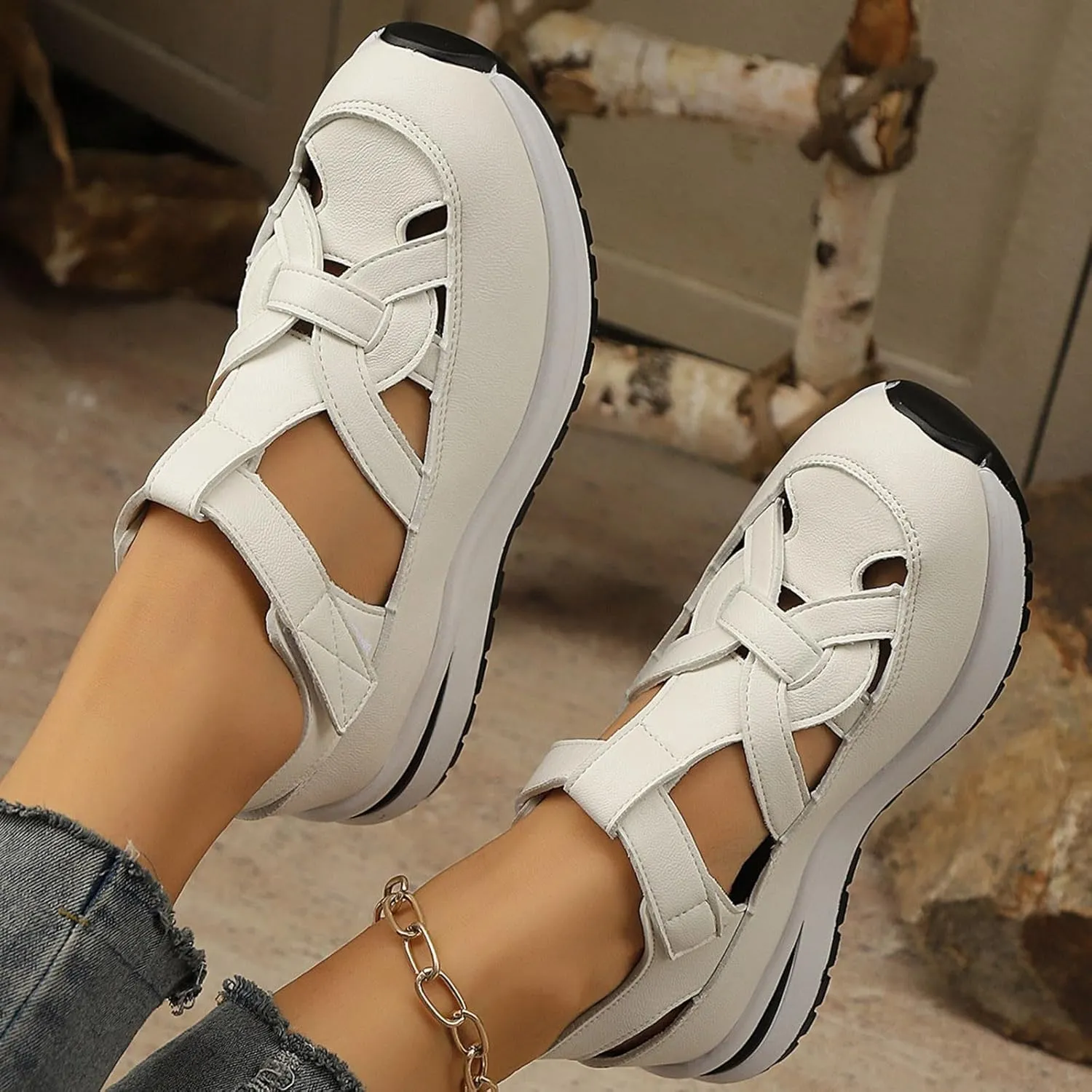Bootara Women'S Plus Size Hollow-Out Casual Sandals, Closed Toe Platform Sandals Height-Boosting Thick Sole Dressy Summer Comfortable Wedges Dress Sandal Best Walking Shoes