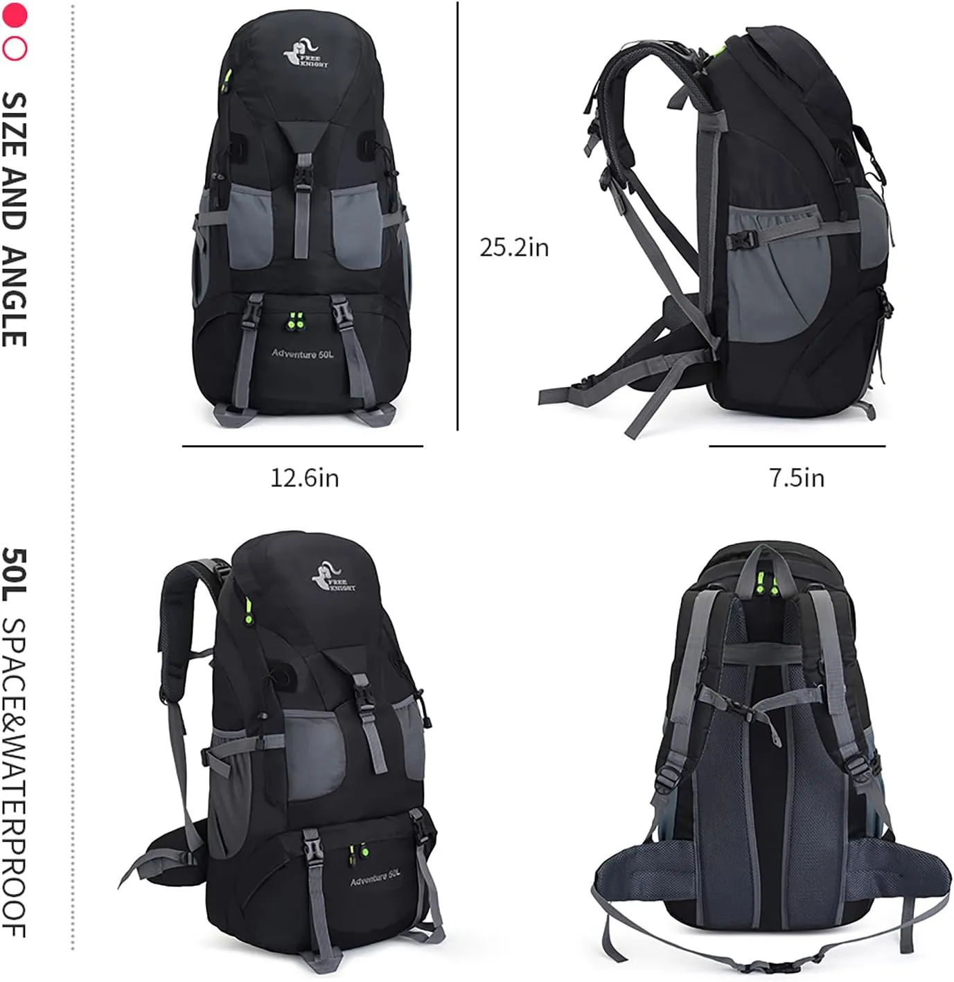Bseash 50L Hiking Backpack, Water Resistant Lightweight Outdoor Sport Daypack Travel Bag for Camping Climbing Skiing Cycling (Black - No Shoe Compartment)