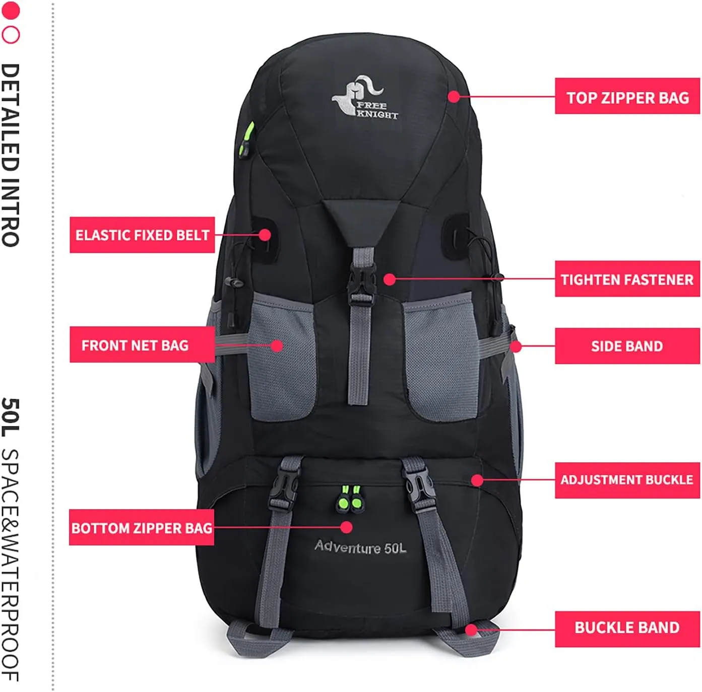 Bseash 50L Hiking Backpack, Water Resistant Lightweight Outdoor Sport Daypack Travel Bag for Camping Climbing Skiing Cycling (Black - No Shoe Compartment)