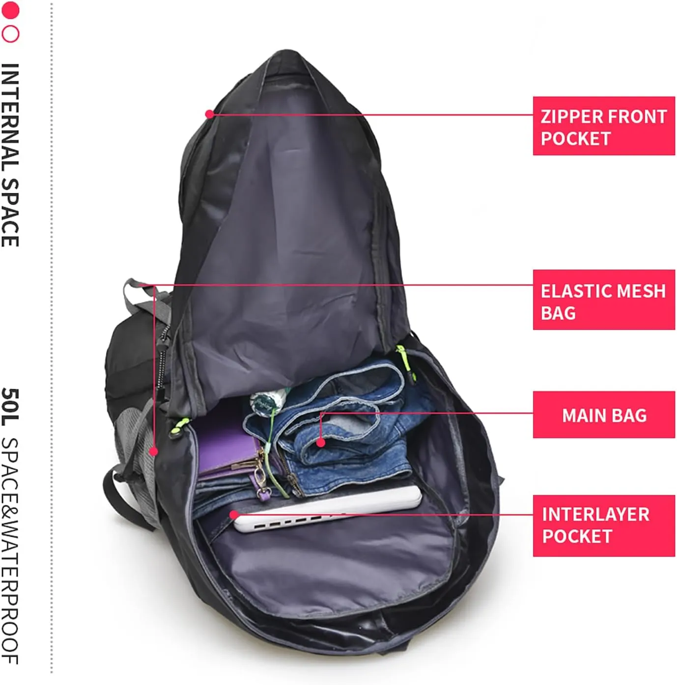 Bseash 50L Hiking Backpack, Water Resistant Lightweight Outdoor Sport Daypack Travel Bag for Camping Climbing Skiing Cycling (Black - No Shoe Compartment)