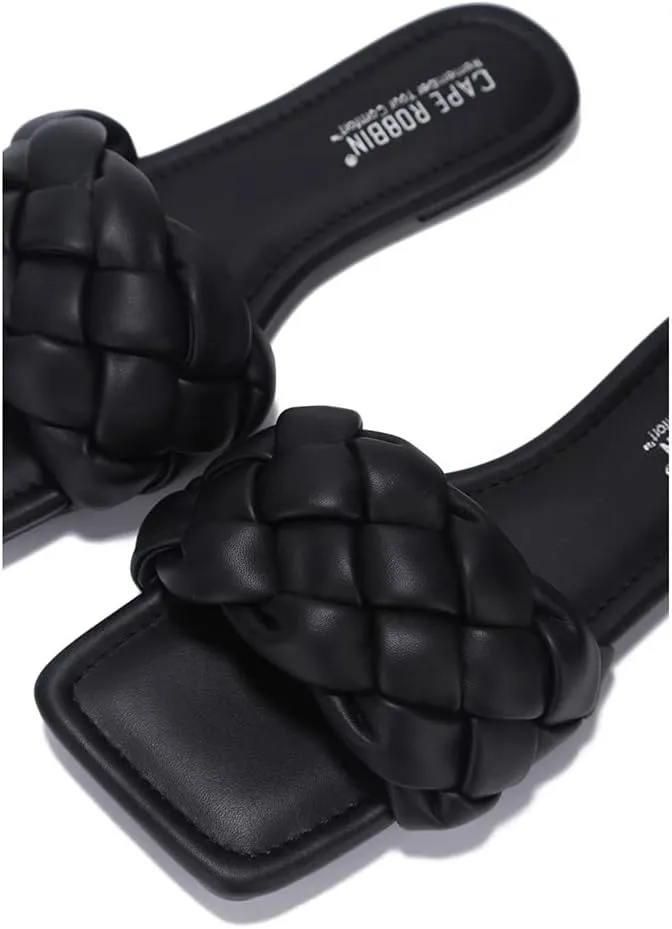 Cape Robbin Women's Square-Toe Braided Sandals - Flat Woven Slip-On Mules (Vagabond)