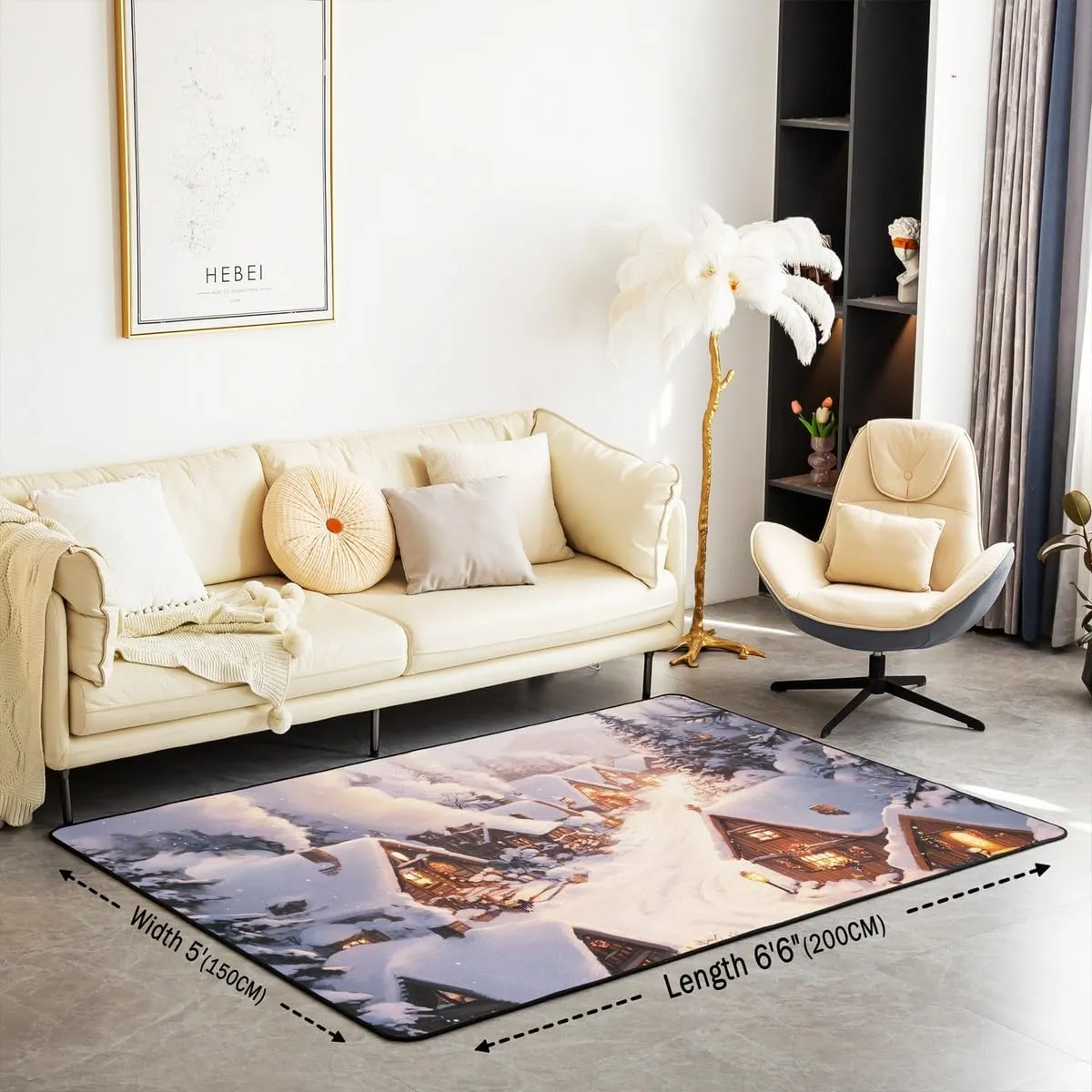 Castle Fairy Farmhouse Area Rug Winter Theme Christmas Rustic Style Indoor Floor Mat for Kids Teens Adults Retro Wood Cabin Jungle Pine Tree Non Slip Rug for Housewarming 5'x6'6"