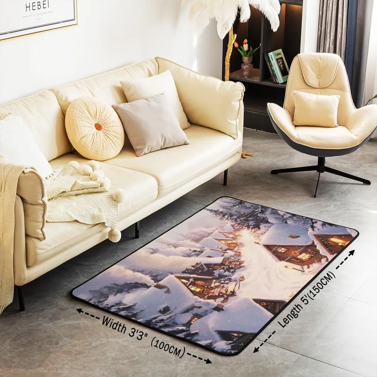 Castle Fairy Farmhouse Area Rug Winter Theme Christmas Rustic Style Indoor Floor Mat for Kids Teens Adults Retro Wood Cabin Jungle Pine Tree Non Slip Rug for Housewarming 5'x6'6"