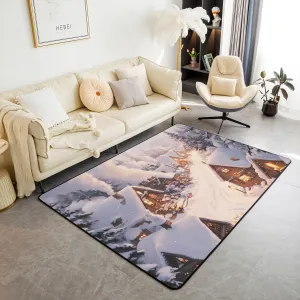 Castle Fairy Farmhouse Area Rug Winter Theme Christmas Rustic Style Indoor Floor Mat for Kids Teens Adults Retro Wood Cabin Jungle Pine Tree Non Slip Rug for Housewarming 5'x6'6"