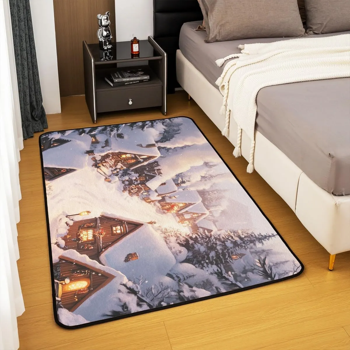 Castle Fairy Farmhouse Area Rug Winter Theme Christmas Rustic Style Indoor Floor Mat for Kids Teens Adults Retro Wood Cabin Jungle Pine Tree Non Slip Rug for Housewarming 5'x6'6"