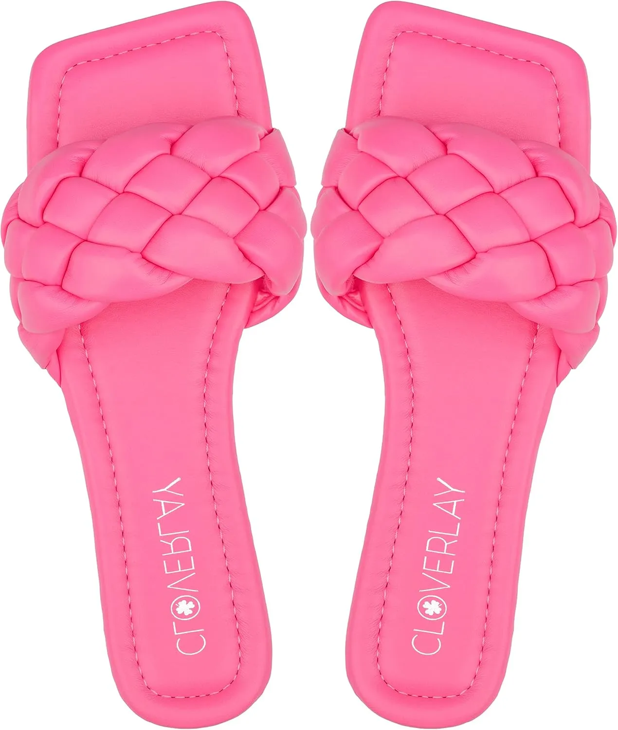 CLOVERLAY Yara Women's Square Open Toe Slides Braided Woven Single Band Slip on Flat Sandals