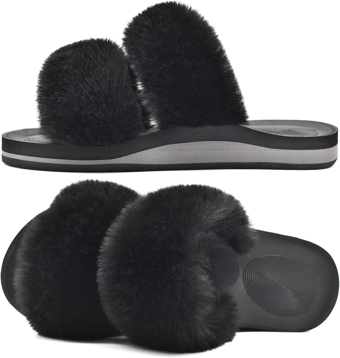 COFACE Fluff Womens Slippers Faux Fur Slip On Orthotic Slippers with Arch Support for Plantar Fasciitis Relief