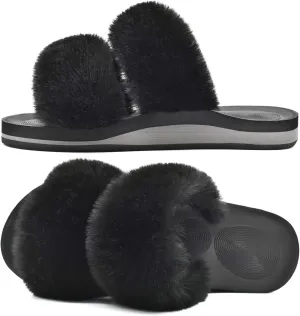 COFACE Fluff Womens Slippers Faux Fur Slip On Orthotic Slippers with Arch Support for Plantar Fasciitis Relief