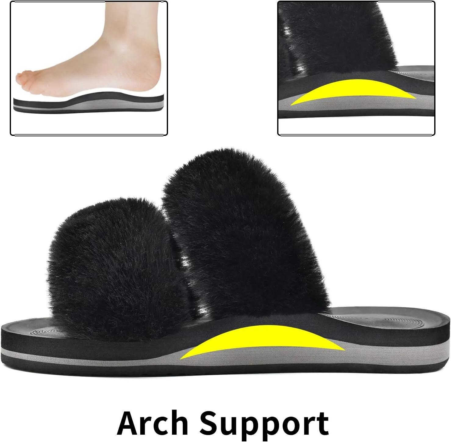 COFACE Fluff Womens Slippers Faux Fur Slip On Orthotic Slippers with Arch Support for Plantar Fasciitis Relief
