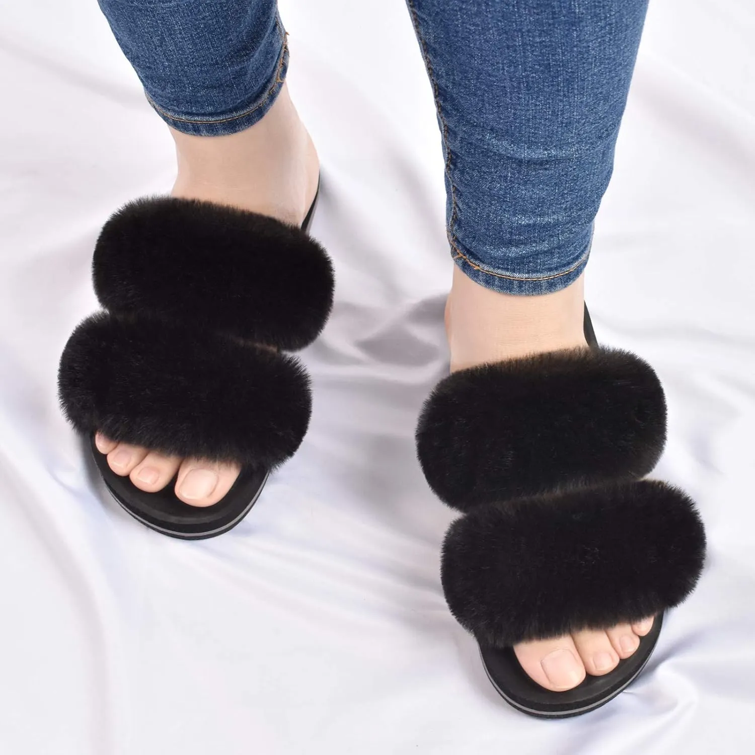 COFACE Fluff Womens Slippers Faux Fur Slip On Orthotic Slippers with Arch Support for Plantar Fasciitis Relief