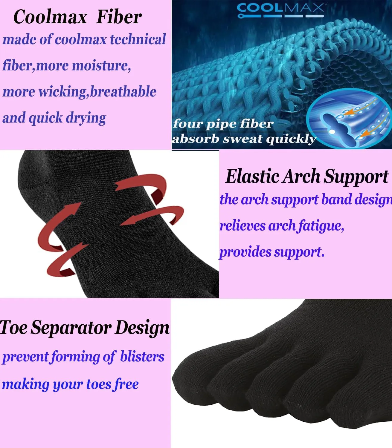 Coolmax Toe Socks for Women and Men No Show Low Cut High Performance 5 Finger Running Socks Athletic Wicking 3 Pack