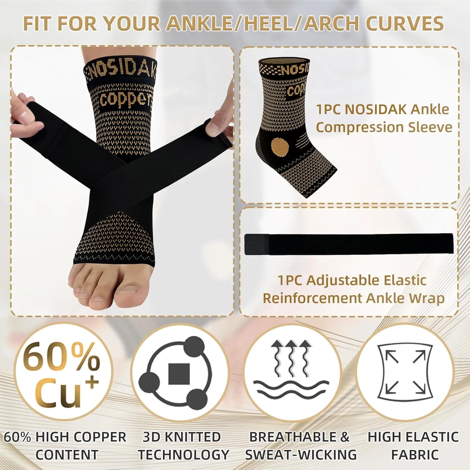 Copper Ankle Brace for Men & Women w/Ankle Wrap, Ankle Support Compression Sleeve w/Arch Support for Plantar Fasciitis Relief, Achilles Tendonitis, Heel Spur, Joint Pain, Swelling, Sprain
