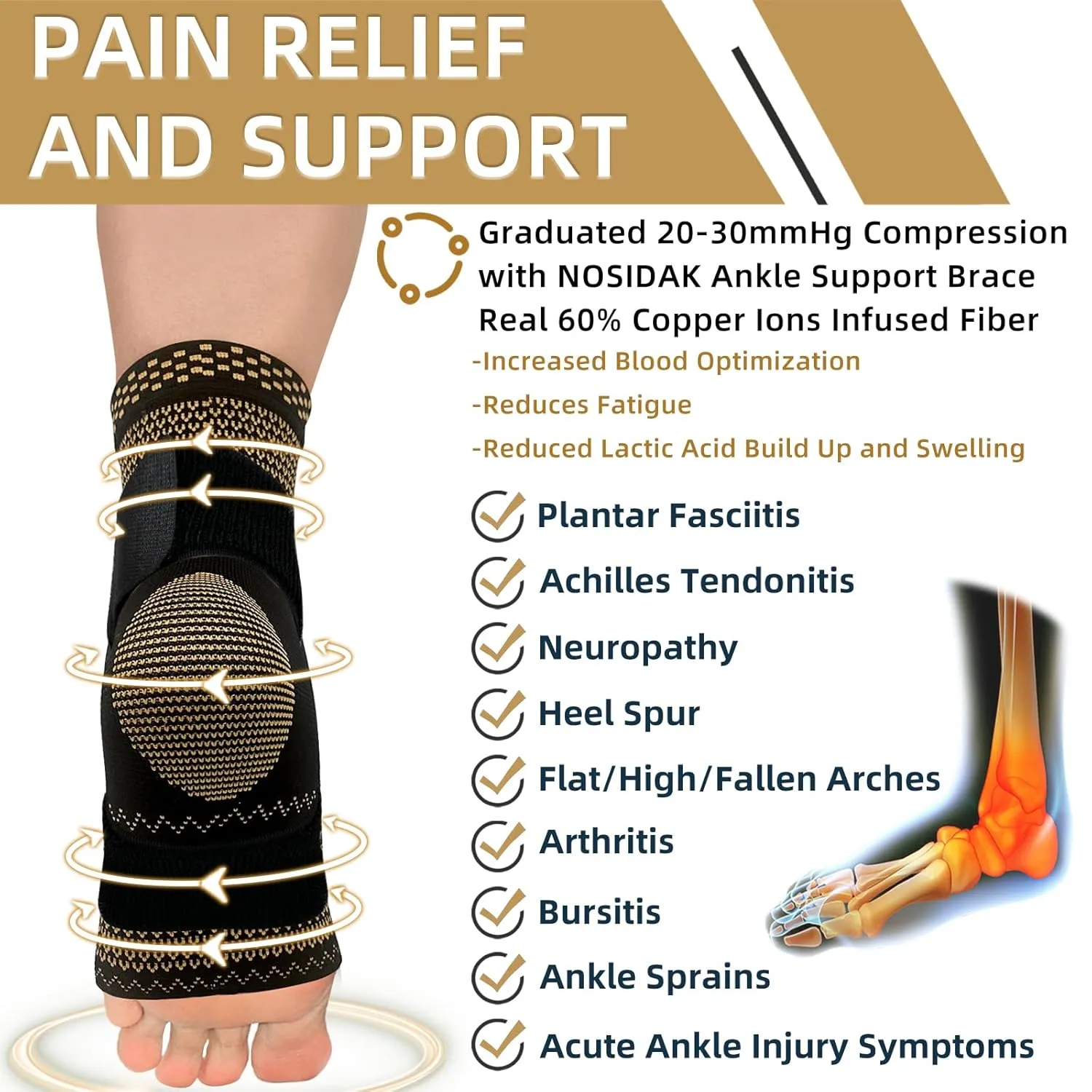 Copper Ankle Brace for Men & Women w/Ankle Wrap, Ankle Support Compression Sleeve w/Arch Support for Plantar Fasciitis Relief, Achilles Tendonitis, Heel Spur, Joint Pain, Swelling, Sprain