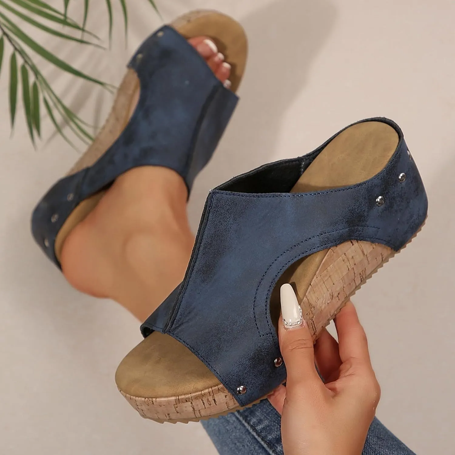Cork Platform Sandals For Women Open Toe Wide Width Orthopedic Wedge Sandals Leather Slingback Dressy Beach Slippers