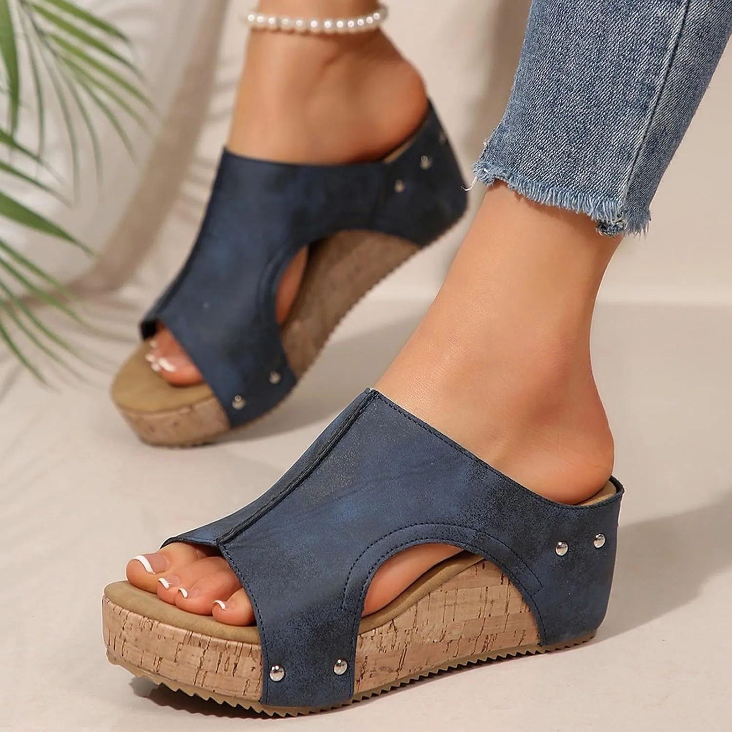 Cork Platform Sandals For Women Open Toe Wide Width Orthopedic Wedge Sandals Leather Slingback Dressy Beach Slippers