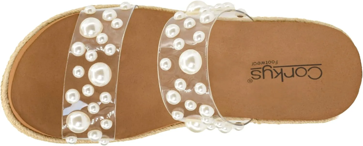 Corkys Footwear Shes Here 2.5-Inch Wedge - Jute Wrapped Outsole, Two Straps Adorned With Pearls, Soft And Cushioned EVA Insoles For All Day Wear, Slip-on