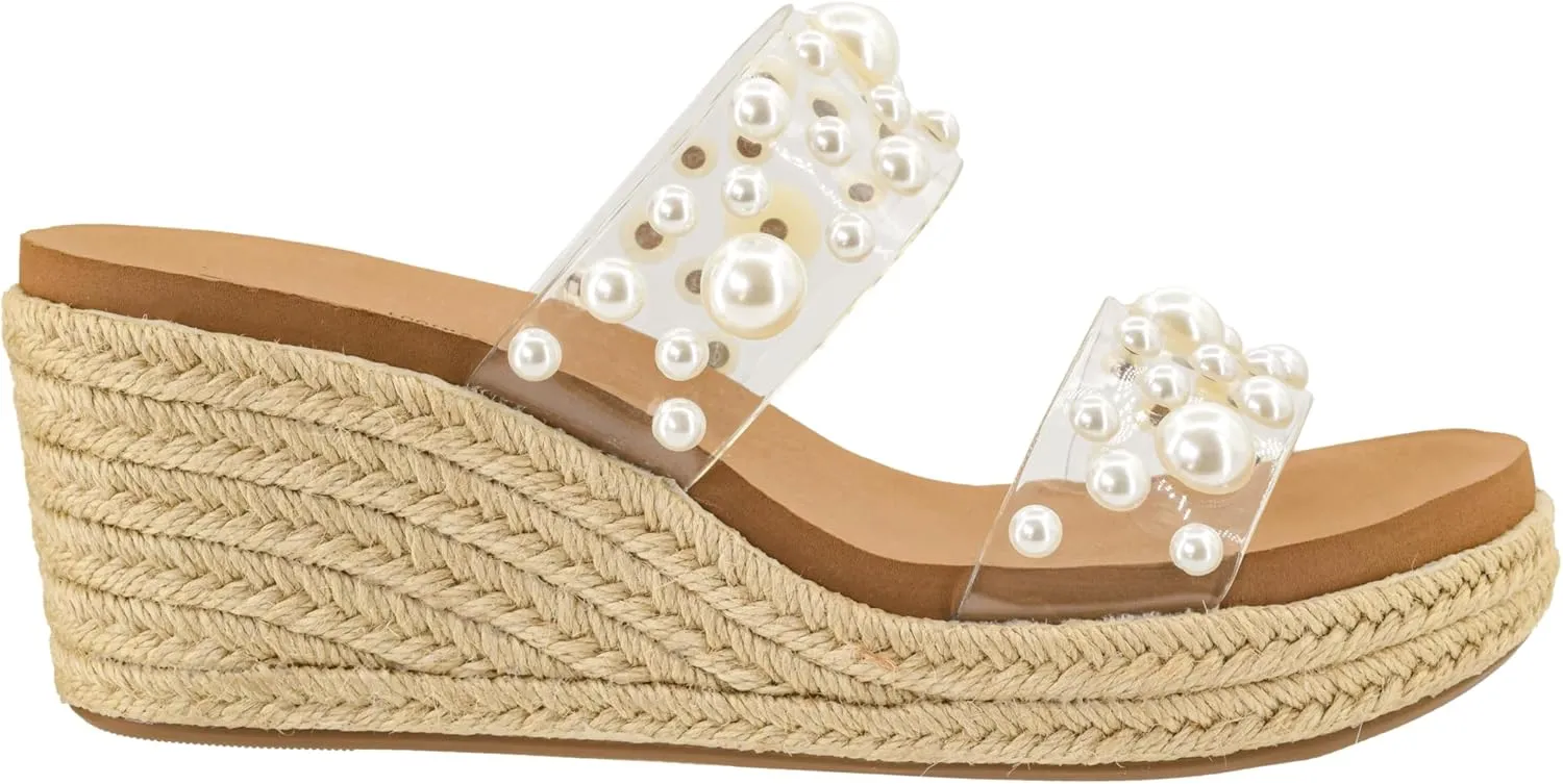 Corkys Footwear Shes Here 2.5-Inch Wedge - Jute Wrapped Outsole, Two Straps Adorned With Pearls, Soft And Cushioned EVA Insoles For All Day Wear, Slip-on