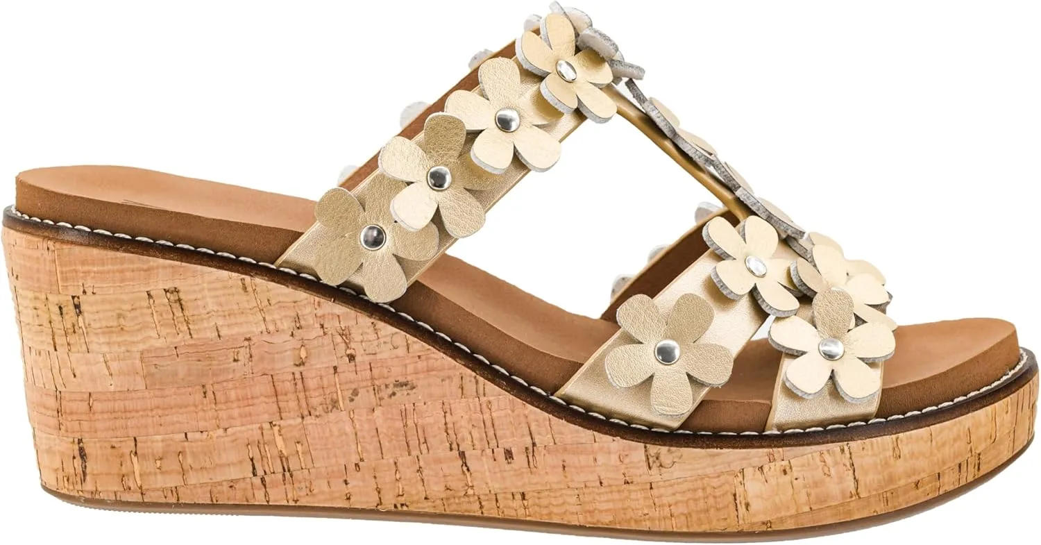 Corkys Footwear Womens Mic Drop Wedge - Featuring A 2.5-inch Heel, A Strappy Upper with 3D Floral Embellishments, and Corkys Signature Soft EVA Insoles