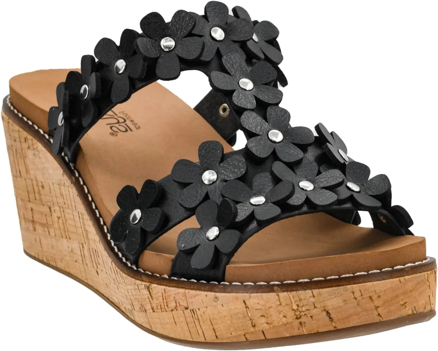 Corkys Footwear Womens Mic Drop Wedge - Featuring A 2.5-inch Heel, A Strappy Upper with 3D Floral Embellishments, and Corkys Signature Soft EVA Insoles
