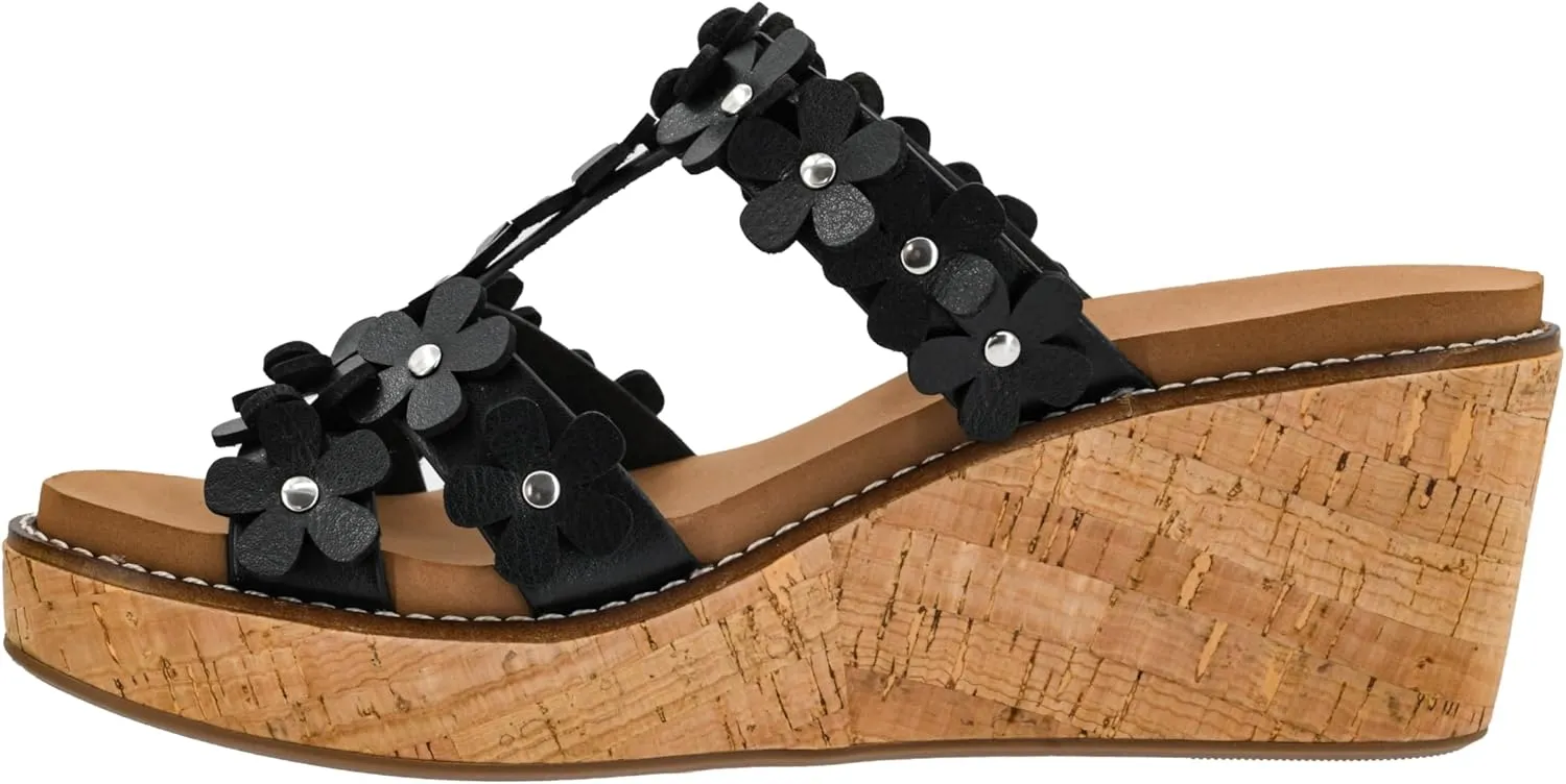 Corkys Footwear Womens Mic Drop Wedge - Featuring A 2.5-inch Heel, A Strappy Upper with 3D Floral Embellishments, and Corkys Signature Soft EVA Insoles