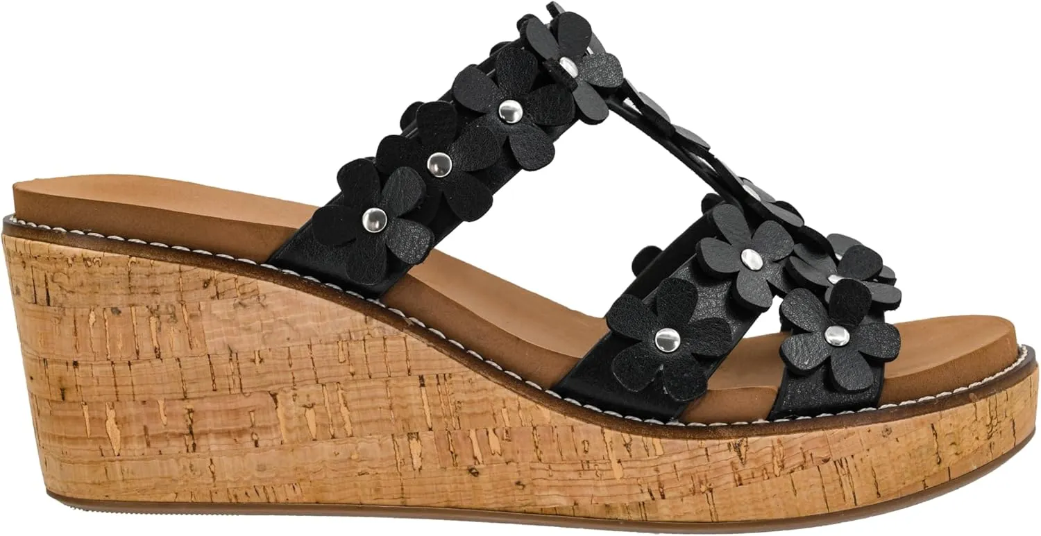 Corkys Footwear Womens Mic Drop Wedge - Featuring A 2.5-inch Heel, A Strappy Upper with 3D Floral Embellishments, and Corkys Signature Soft EVA Insoles