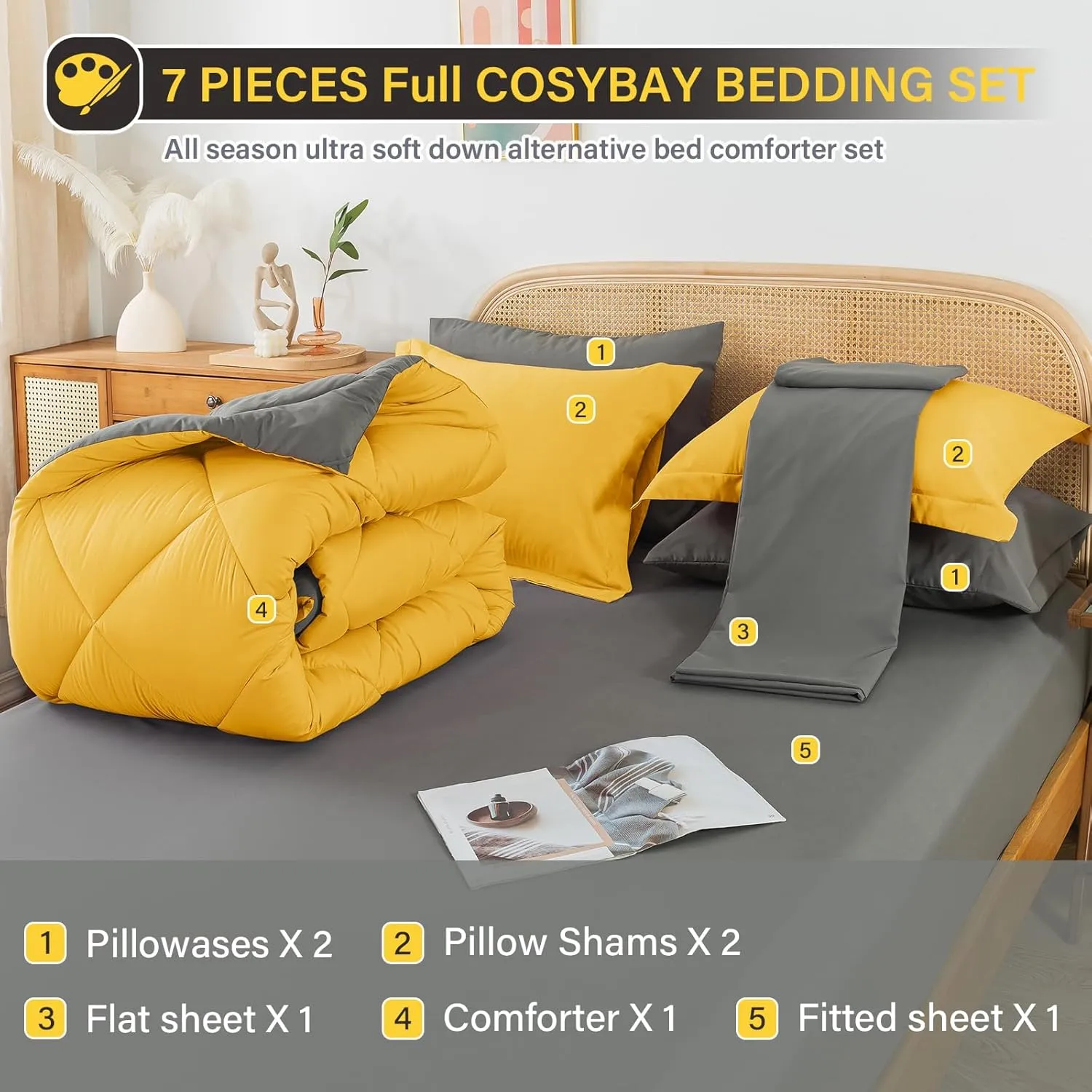 Cosybay Bed in a Bag Queen Reversible Comforter Sets 7pcs All Season Down Alternative Bedding Sets Yellow and Grey with Comforter, Pillow Shams, Flat Sheet, Fitted Sheet and Pillowcase