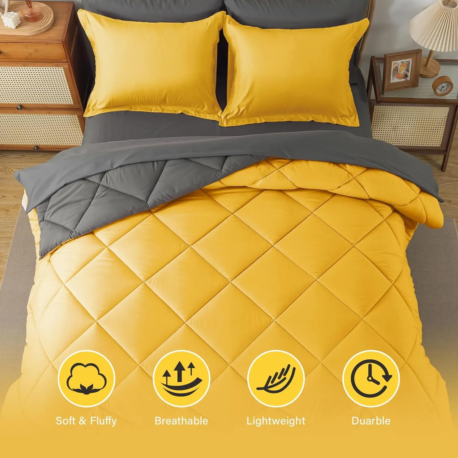 Cosybay Bed in a Bag Queen Reversible Comforter Sets 7pcs All Season Down Alternative Bedding Sets Yellow and Grey with Comforter, Pillow Shams, Flat Sheet, Fitted Sheet and Pillowcase