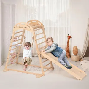 COSYLAND Indoor Playground, Wooden Jungle Gym Climber Playset with Slide, Quick Installation Toddler Climbing Toys for Small Spaces (Natural)