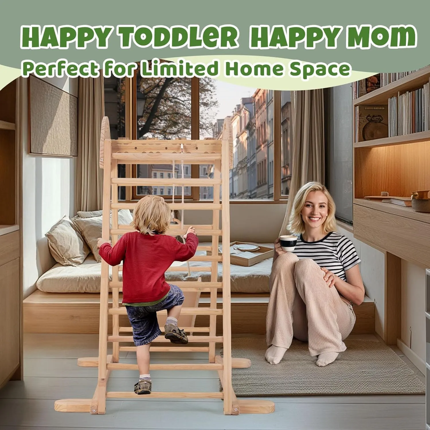 COSYLAND Indoor Playground, Wooden Jungle Gym Climber Playset with Slide, Quick Installation Toddler Climbing Toys for Small Spaces (Natural)