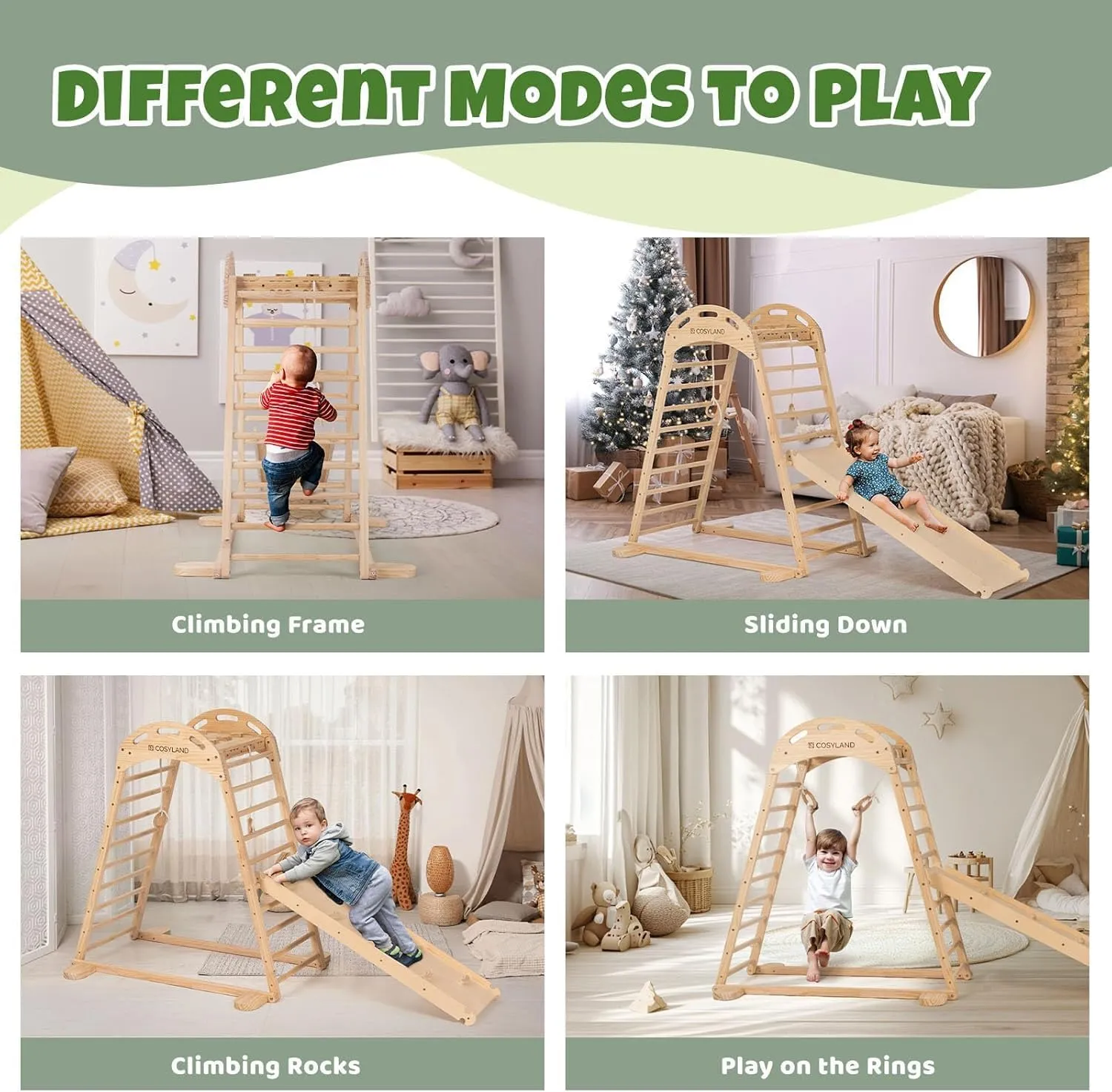 COSYLAND Indoor Playground, Wooden Jungle Gym Climber Playset with Slide, Quick Installation Toddler Climbing Toys for Small Spaces (Natural)