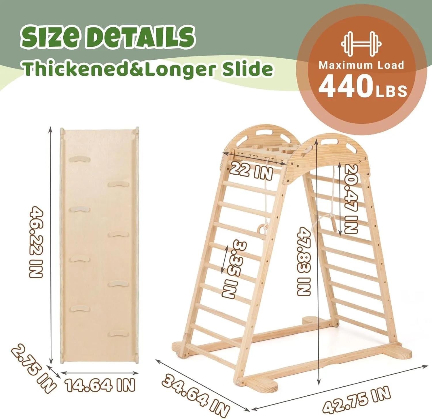 COSYLAND Indoor Playground, Wooden Jungle Gym Climber Playset with Slide, Quick Installation Toddler Climbing Toys for Small Spaces (Natural)