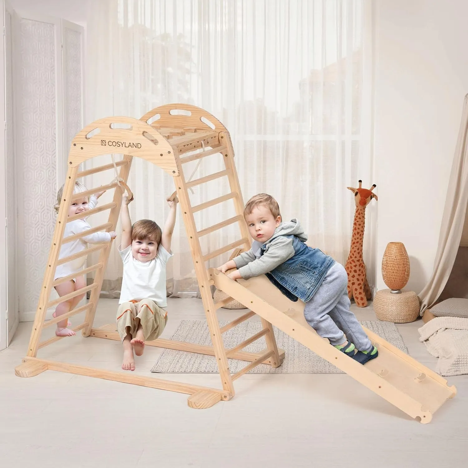 COSYLAND Indoor Playground, Wooden Jungle Gym Climber Playset with Slide, Quick Installation Toddler Climbing Toys for Small Spaces (Natural)
