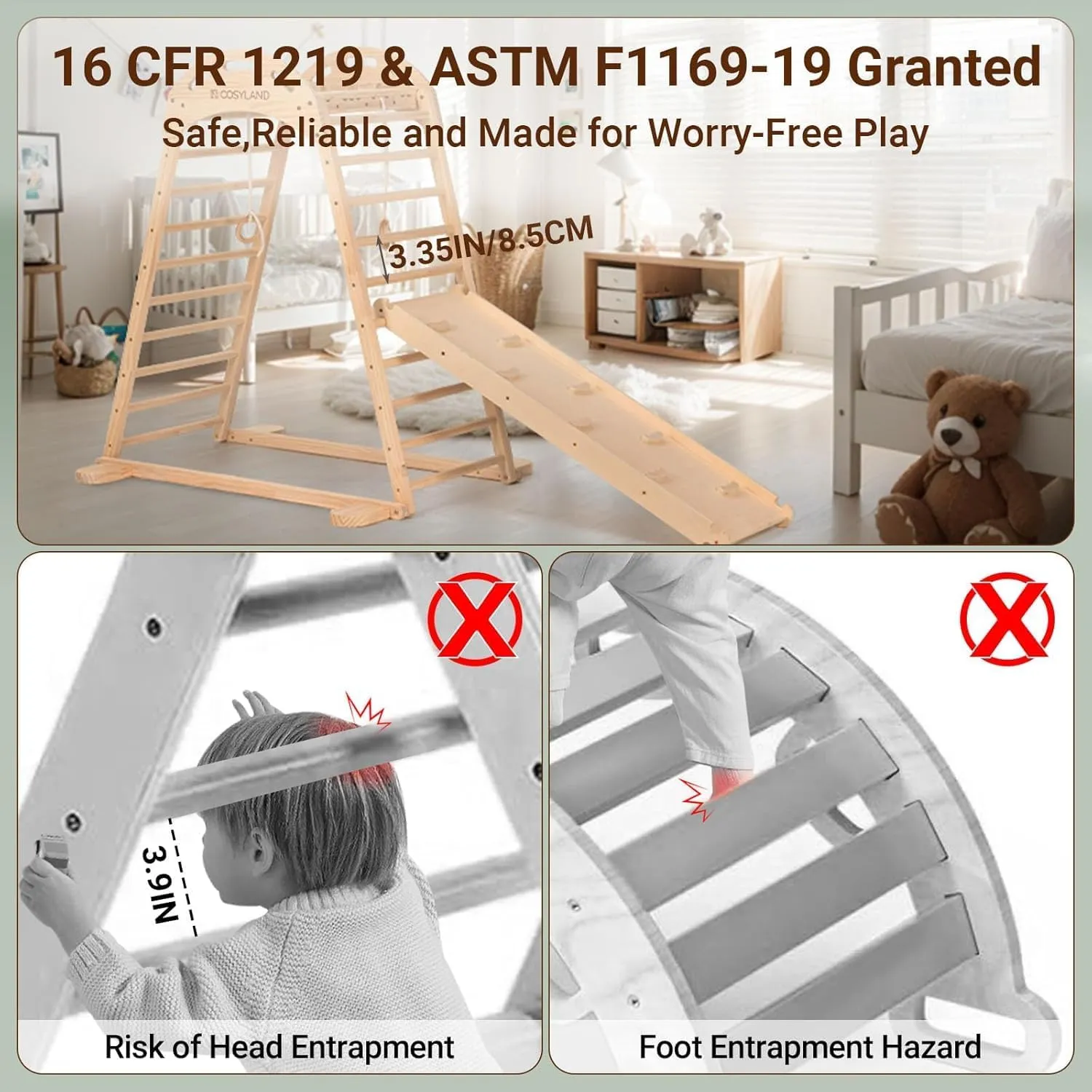 COSYLAND Indoor Playground, Wooden Jungle Gym Climber Playset with Slide, Quick Installation Toddler Climbing Toys for Small Spaces (Natural)
