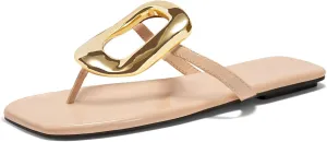 Coutgo Womens Flat Sandals Comfortable Flip Flops Slide Sandals Summer Beach Shoes with Metal Decoration