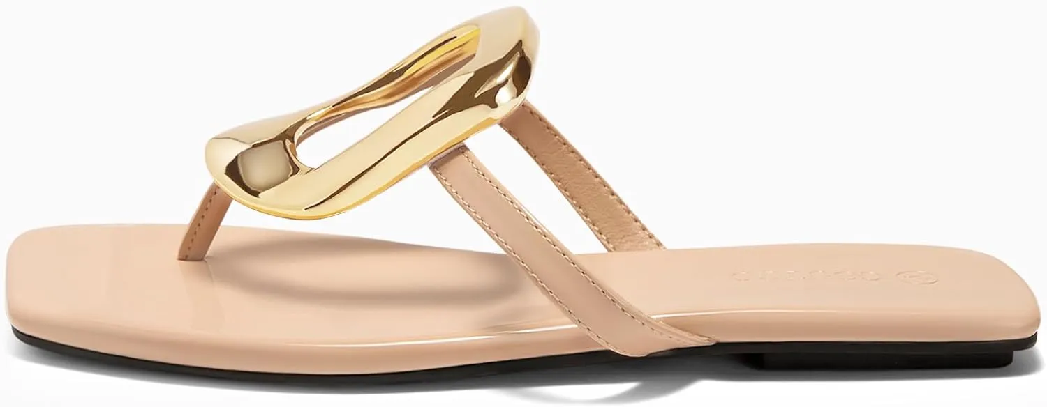 Coutgo Womens Flat Sandals Comfortable Flip Flops Slide Sandals Summer Beach Shoes with Metal Decoration