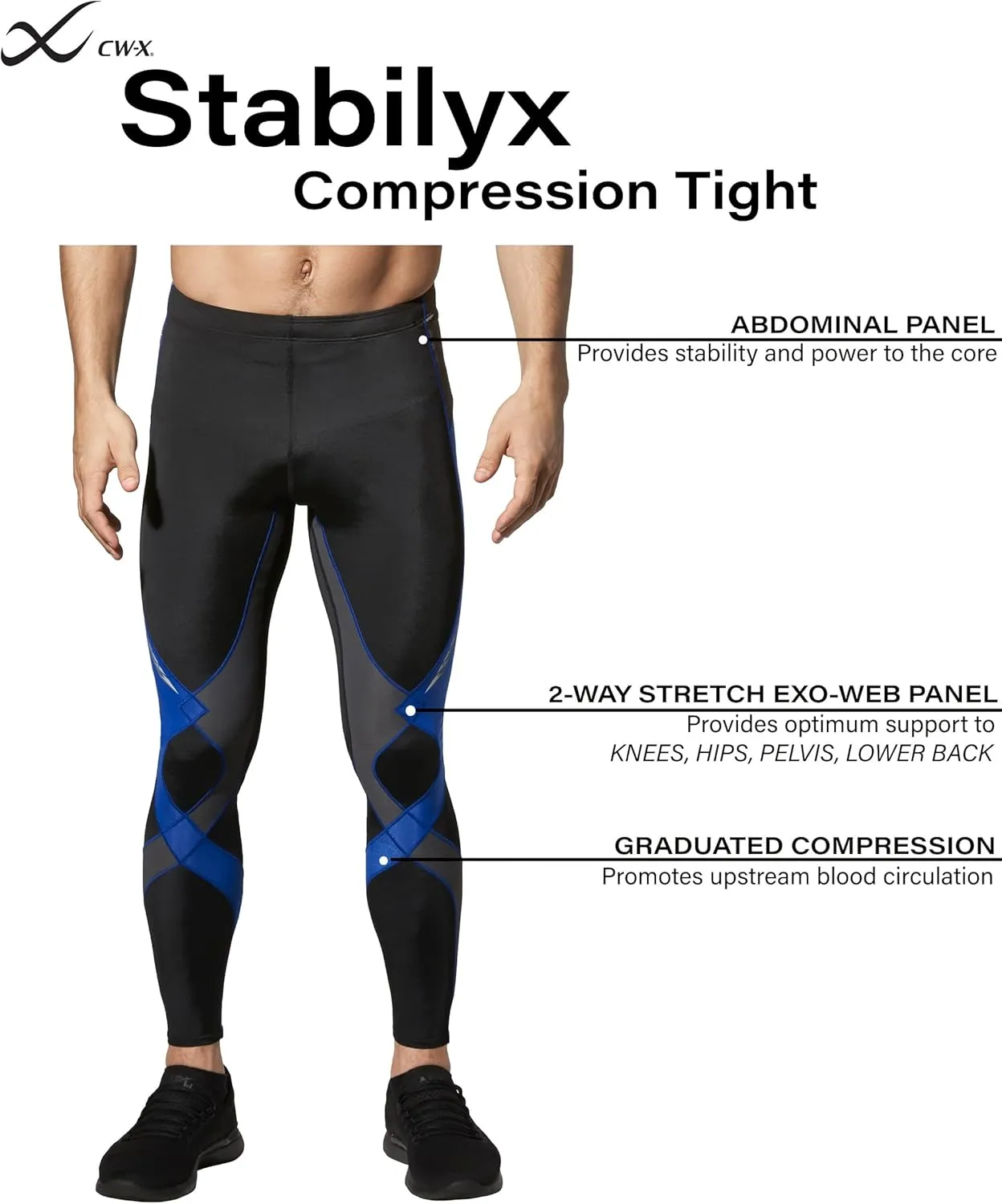 CW-X Men's Stabilyx Joint Support Compression Sports Tights, Pants for Running and Recovery