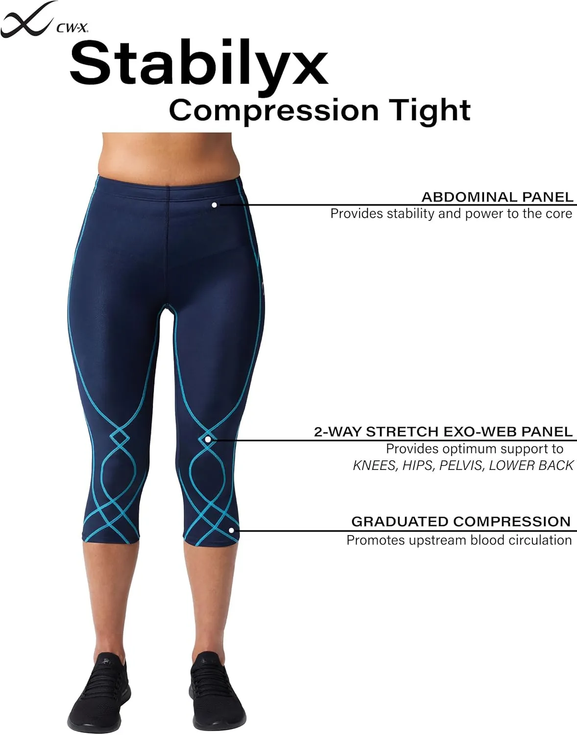 CW-X Women's Stabilyx Joint Support 3/4 Capri Compression Tight, Leggings for Running and Recovery