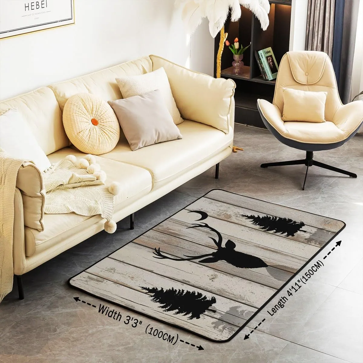 Deer Antler Rug 5x6'6'',Lodge Cabin Style Rustic Animal Decor Non Shedding Rug for Bedroom Playroom Bedside,Jungle Pine Tree Christmas Wildlife Decorative Indoor Floor Mat for Adults Kids