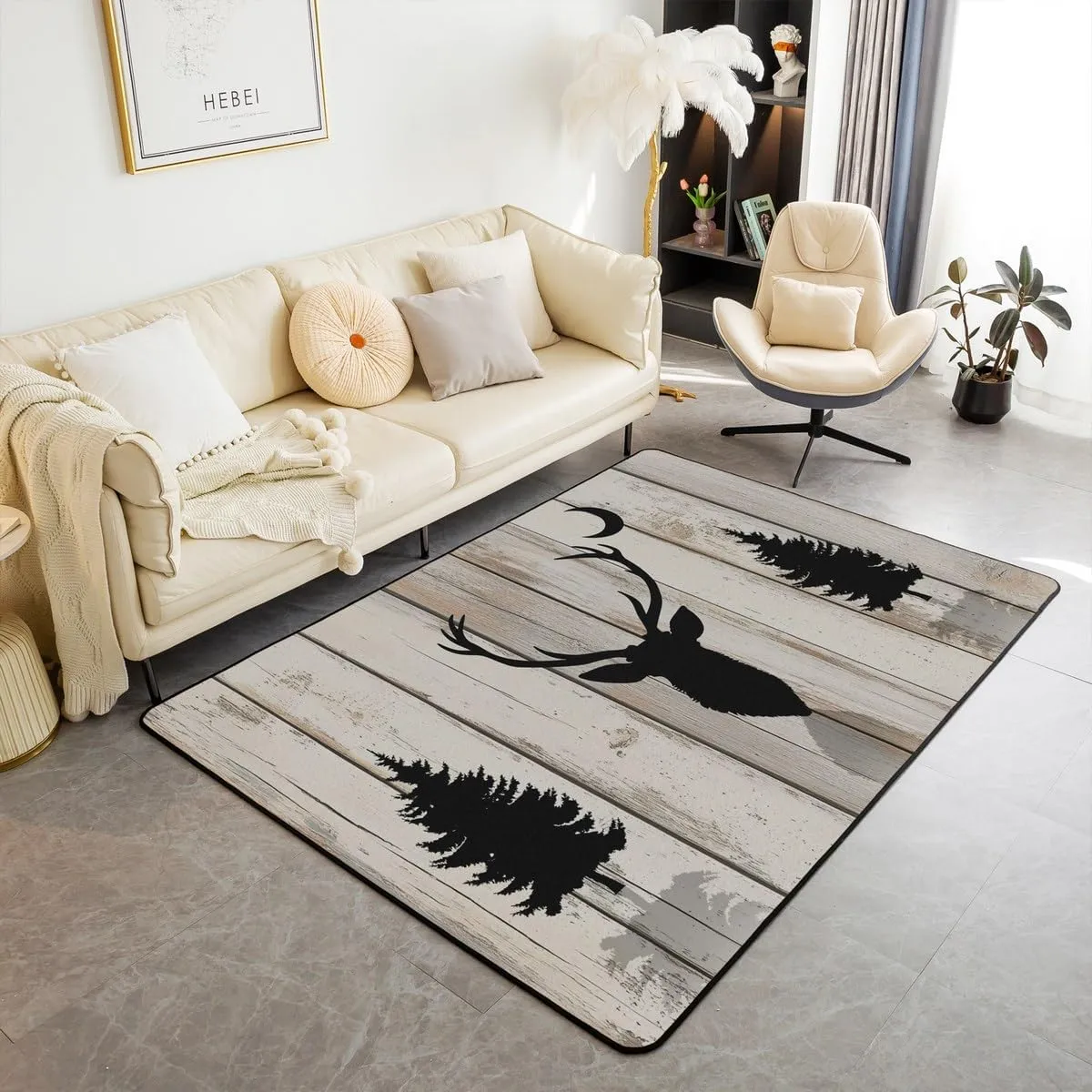 Deer Antler Rug 5x6'6'',Lodge Cabin Style Rustic Animal Decor Non Shedding Rug for Bedroom Playroom Bedside,Jungle Pine Tree Christmas Wildlife Decorative Indoor Floor Mat for Adults Kids