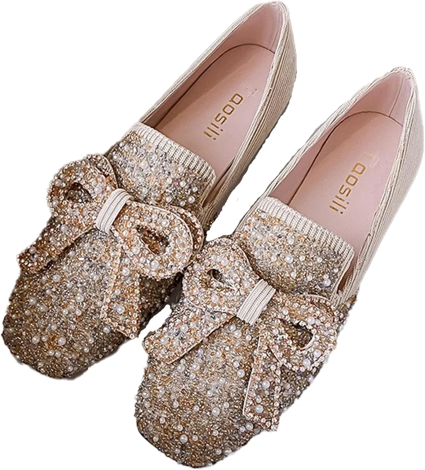 DESESE Women's Rhinestones Glitter Flat Shoes,Square Bow Dress Shoes Comfort Non Slip Low Heel Walking Shoes Casual Slip On Loafers