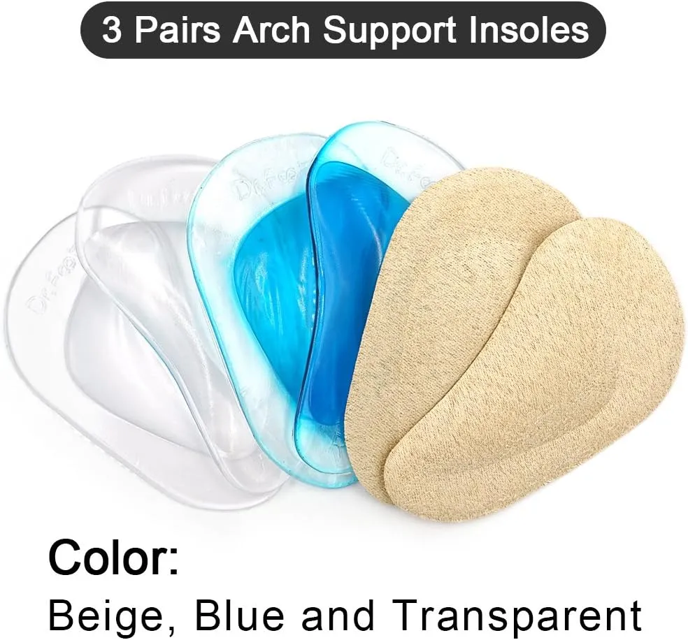Dr. Foot's Arch Support Shoe Insoles for Flat Feet, Gel Arch Inserts for Plantar Fasciitis, Adhesive Arch Pad for Relieve Pressure and Feet Pain- 3 Pairs (Beige Blue  Clear, 3 Count (Pack of 1))