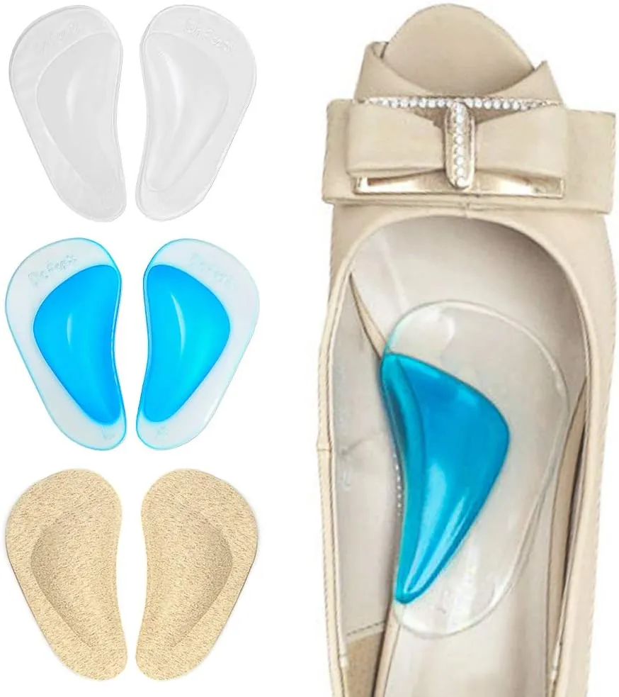 Dr. Foot's Arch Support Shoe Insoles for Flat Feet, Gel Arch Inserts for Plantar Fasciitis, Adhesive Arch Pad for Relieve Pressure and Feet Pain- 3 Pairs (Beige Blue  Clear, 3 Count (Pack of 1))