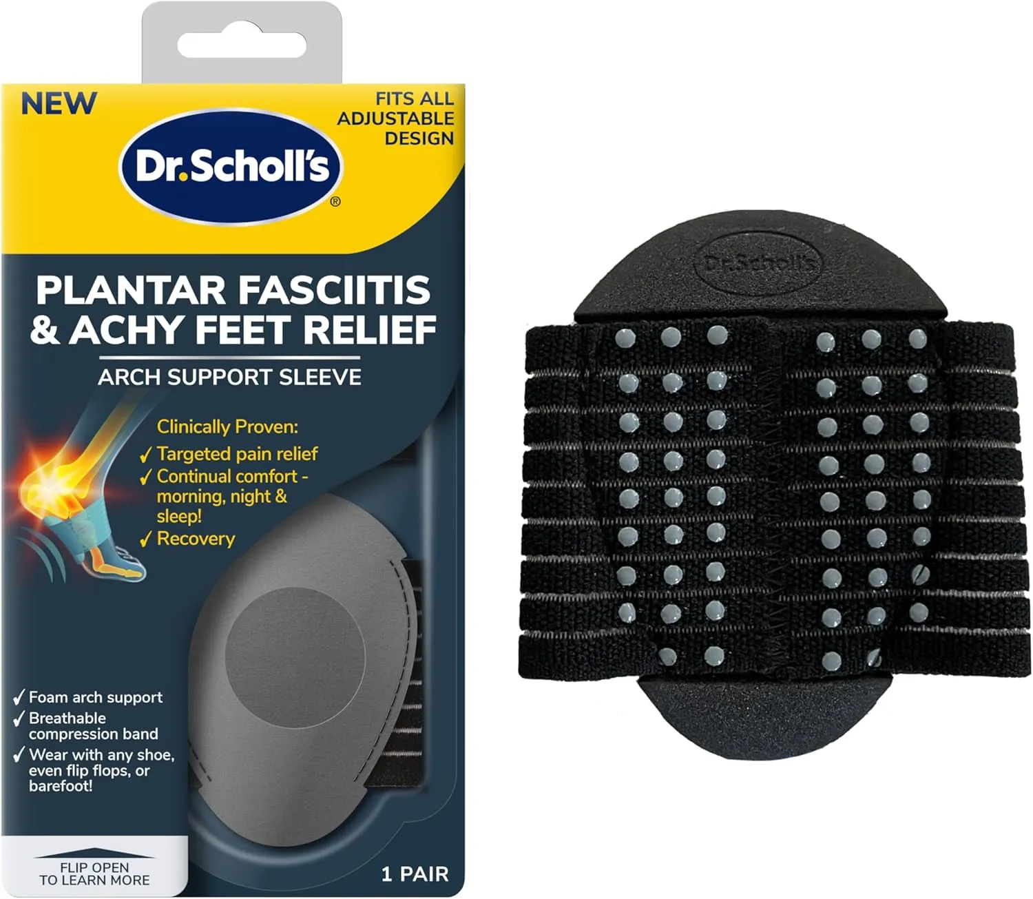 Dr. Scholl's® Plantar Fasciitis & Achy Feet Relief Arch Support Sleeve, Cushioned Arch Support, Compression Band, Foam Pad Insert, Non Slip Sole, All-Day Wear Morning to Night, Unisex 1 Pair